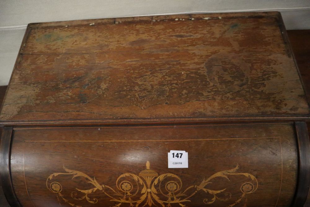 An Edwardian marquetry inlaid rosewood cylinder bureau, width 69cm